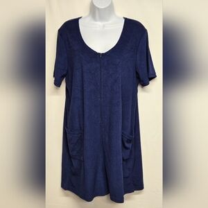 CW Classics L Terry Cloth Romper Shorts Blue Zip Up Short Sleeves